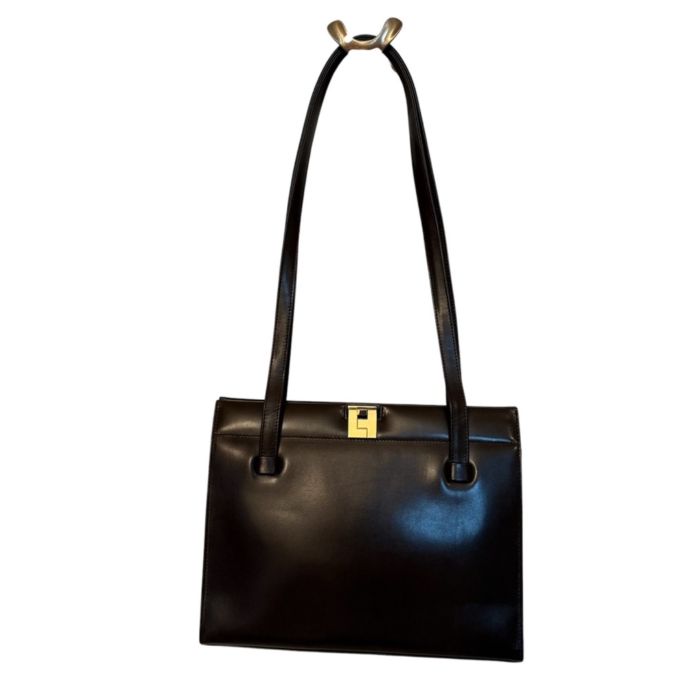 LAMBERTSON TRUEX SHOULDER BAG BROWN LEATHER 2 STRAP GOLD LEVER CLOSE